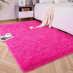 Foxmas Soft Fluffy Area Rugs for Bedroom Kids Room Plush Shaggy Nursery Rug Furry Throw Carpets for Boys Girls, College Dorm Fuzzy Rugs Living Room Home Decorate Rug, 4ft x 6ft, Hot Pink