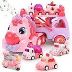 QIZEBABY 5 in 1 Carrier Truck Toy for Girls,Transport Vehicles with Light & Music,Toy Cars for Toddlers,Toys for 1 2 3+ Year Old Girl Gifts (Unicorn)