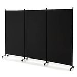 CASART Folding Room Dividers, 3/4 Panels Movable Protective Privacy Screens with Lockable Wheels, Steel Frame Portable Fabric Screen Room Partition for Home Office (3 Panels-260x30x180 cm, Black)