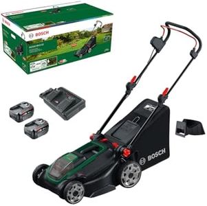 Bosch Akku-Rasenmäher ROTAK18V2-43 (Schnittbreite: 43 cm, Schnitthöhe: 30-75 mm, 50 l Stoff-Grasfangkorb, Mulchstopfen, inkl. 2 x 18V Akku und Ladegerät)
