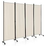 COSTWAY 3/4-Panel Folding Room Divider, Rolling Wall Privacy Screen Protector with Wheels, Freestanding Paravent Partition Separator for Bedroom, Living Room and Office (Beige, 4 Panel-224x172cm)