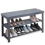 SMIBUY Bamboo Shoe Rack Bench, 3-Tier Shoe Organizer Storage Shelf for Entryway Hallway Bathroom Living Room (Grey)