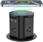 QBA Pop Up Countertop Outlet with PD 20W USB-C, 15W Wireless Charger, Pop Up Electrical Outlet with 4 Outlets 3 USB Ports, 3.35 inch Hole Desktop Power Grommet for Home Office (Black)