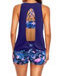 Aqua Eve 3 Piece Tankini Swimsuit for Women Tank Bathing Suit with Shorts Open Back Athletic Swimwear, Flamingo, Large