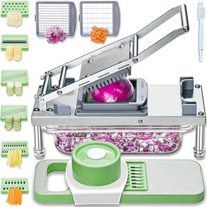 All-in-1 Vegetable Chopper with 8 Blades - Mandoline Slicer - Pro Food Chopper with Container - Veggie Salad Onion Chopper - Potatoe Dicer French Fry Cutter - Cheese Grater - Stainless Steel material