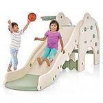 COSTWAY Large Kids Slide, Toddler Climber Slide Set with Basketball Hoop and Ball, Non-slip Steps, Indoor Outdoor Freestanding Slider Playset (Off white+Green)