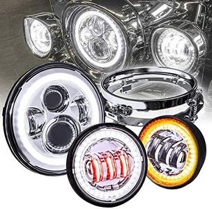 TRUE MODS 7" LED Headlight/4.5" Passing Light for Harley Davidson + Mounting Bracket [Chrome-Finish] [HALO DRL] [4500/1440 LM] [Plug & Play] For Dyna Electra Glide Road King Softail Fatboy