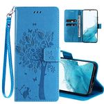 for Samsung Galaxy A54 5G Case,Galaxy A54 5G Wallet Case,Flip Case PU Leather Emboss Love Tree Cat Flowers Wrist Strap Credit Card Folio Kickstand Cover for Samsung Galaxy A54 5G Blue