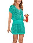 Bsubseach Women Hollow Out Beach Bathing Suit Cover Ups Short Sleeve V Neck Bikini Vacation Tunic Dress Green