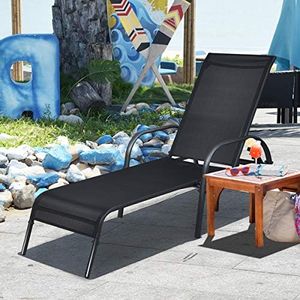 Giantex Patio Lounge Chair, Outdoor Chaise Lounge with 5 Adjustable Backrest, Sturdy Steel Frame, Sunbathing Recliner, Beach Chair, Tanning Chair for Outside, Yard, Balcony, Pool Chairs, Black