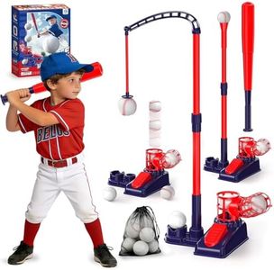 3 in 1 Kids T-Ball Set, Outside Baseball Sport Toy with Adjustable Height Hanging Tee Baseball & Automatic Ball Launcher, Portable Outside Yard Active Gifts for Boys Girls Age 4-12