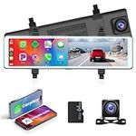 Mirror Dash Cam with Wireless Carplay Android Auto,11.26" Touch Screen Rear View Mirror 1080P Front and Rear View Cameras Voice Control Loop Recording FM Transmitter Parking Assistance DVR