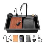 KELINGOUD Black Waterfall Kitchen Sink, Drop in Single Bowl Stainless Steel Bar Sink with Cup Washer Sinks, Topmount Workstation Kitchen Sink with Accessories (80 x 46cm)