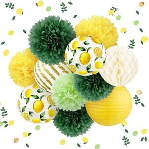 AOBKIAT Wedding Party Decorations Set, 12 PCS Yellow Green White Lemon Pattern Paper Lanterns and Pom Poms Flowers with Lemon Confetti for Neutral Baby Shower, Vintage Party, Birthday, Bridal Showers