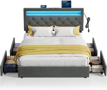 Rolanstar Queen Size Bed Frame with Charging Station and LED Lights, Upholstered Bed with Adjustable Headboard and 4 Storage Drawers, No Box Spring Needed, Easy Assembly, Dark Grey