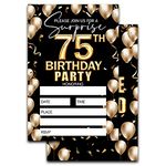 75th Birthday Invitation - Black And Gold Birthday Invite - Birthday Invite Ideas For Adult Woman and Man - 20 Fill-in Invitation Cards With 20 Envelopes -TH014