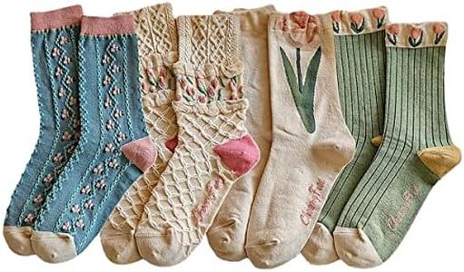 Casual Vintage Floral Cotton Socks for Women 4 Pairs Cute Ruffle Slouch Socks 5-9 for Teen Grils Above Ankle Athletic Socks, Tulip Series(4 Pairs), 5-9