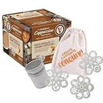 Cappuccino K Cups and Coffee Stencils Latte Art Bundle - with Victor Allen White Chocolate Caramel 42 K Cups Coffee Stencils Latte Art 16 ct and Sugar Shaker in Drawstring Canvas Storage Bag.