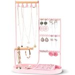 ProCase Jewelry Organizer Tower, 10 Hooks Jewelry Storage Rack Tree Holder Stand with Velvet Ring Display Tray for Necklaces Bracelets Earrings Rings Watches -Pink