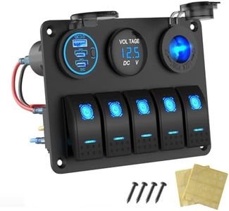 Marine Boat Switch Panel Waterproof, 5 Gang Marine Rocker Switch Aluminum Panel with 3 Port 66W 12V USB Outlet Car Charger, 150W Cigarette Lighter Socket and Blue LED Voltmeter for Truck Car RV, etc.
