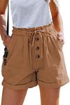 SMENG Womens Shorts Cotton Comfy Summer Drawstring Elastic High Waist Trendy Button Rolled Hem Shorts with Pockets Khaki Size 6/8/S