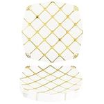 MATANA 20 Square White Plastic Dinner Plates with Gold Pattern, 25cm - Elegant, Sturdy & Reusable - Weddings, Birthdays, Christmas, Parties