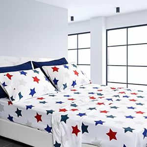 American Home Collection 4 Piece Print Bedding Sheets & Pillowcases Set Brushed Microfiber Wrinkle Free 14 Inches Deep Pocket Star Patterned Sheets (Twin, Union Stars)