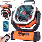 TDLOL 20000mAh Battery Powered Fan with LED Lantern, Portable Camping Fan for Tents, 270° Oscillating Fan, 3 Speeds, Orange