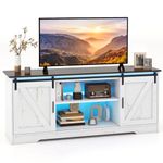 Tangkula LED TV Stand for 65” TVs, Sliding Barn Door Entertainment Center with Lights, Adjustable Brightness, Human Induction, Charging Ports & Adjustable Shelves, Media Console (Brushed White, 59"L)