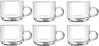 DROPANY Glass Tea Cup Set of 6 Crystal Clear Toughened Glass Tea Cup with Convenient Solid Handle Cups Coffee, Milk, cappuccinos, Lemon Tea, Green Tea (Roma Tea Cup (200 ml))