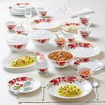 Larah by Borosil Rose Red Silk Series Opalware Dinner Set | 47 Pieces for Family of 8 | Microwave & Dishwasher Safe | Bone-Ash Free | Crockery Set for Dining & Gifting | Plates & Bowls | White