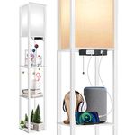 OUTON Floor Lamp with Shelves, LED Modern Shelf Floor Lamp with USB Port & Power Outlet, 3 Color Temperature, Storage Display Wood Column Standing Tall Lamp for Living Room, Bedroom, Office (White)