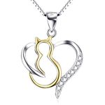 YFN Women Necklace “Lovely Cat” 925 Sterling Silver Cubic Zirconia Gold Tone Cat Pendant Jewellery for Girls,18" (Lovely Cat Heart Pendant)