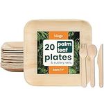 HAAGO 80 Piece Compostable Disposable Plates & Cutlery Set - 23cm Square Palm Leaf Plates & Birchwood Cutlery - Eco-Friendly, Freezer & Microwave Safe, like Wooden Plates, Strong Disposable Plates