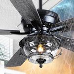 Asyko Outdoor Ceiling Fans with Light and Remote - 52 Inch Waterproof Wet Rated Ceiling Fan, 6 Speeds Modern Black Fan Lights with 2 Styles Reversible Blades for Outside Patios Gazebos Bedroom