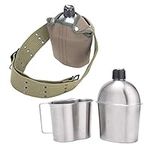 DARTMOOR G.I. Army Stainless Steel Canteen Military with Cup and Green Nylon Cover Waist Belt for Camping Hiking Climbing (Cup with Foldable Butterfly Handle)