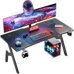 HLDIRECT Gaming Desk 55 Inch Gamer Desk Carbon Fiber Surface Computer Workstation Home Office Ergonomic PC Desk Simple Gaming Table with Cup Holder & Headphone Hook