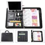 A4 Zipper Leather New Version Conference Folder Business Document Bag Portfolio with Ring Binder，A4 Writing Pad ，Card Holders，Calculator and Notebook Business Document File Folder