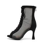 HROYL Women Open Toe Dance Boots Mesh Lace-up Professional Ballroom Latin Salsa Dancing Heels Model 7179, Black-soft Outdoor Sole, 7.5