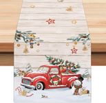 Bonhause Christmas Red Truck Table Runner, Wood Grain Christmas Table Runner, Seasonal Winter Xmas Holiday Table Runner for Kitchen Home Decor, 33 x 183 cm Xmas Tree Snowfield Table Decor