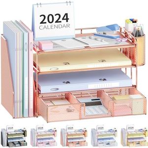 OPNICE Desk Organizers and Accessories, Organizer with Drawer, 4-Tier Paper Tray 2 Pen Holders + File Holder, Office Accessories for Supplies(Rose Gold) (OP-4T-2-Rose-)