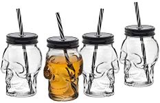 Skull Mason Jar Mug Glass Tumbler Glass Cups with Cover and Straw, Halloween Decor, Drinking Glasses - 16oz, Set of 4