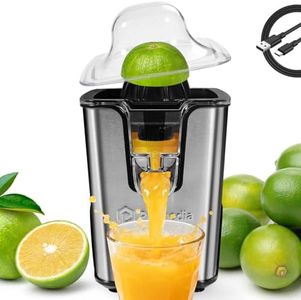 PRAMEDIA Rechargeable Electric Citrus Juicer, 40W Cordless Orange Juice Squeezer with USB-C Charging, Stainless Steel Lemon Juicer with Adjustable Anti-Drip Spout & 2 Cones, Portable for RV