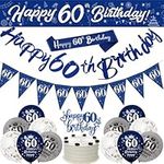 60th Birthday Decorations for Men,Hppy 60th Birthday Banners,60th Birthday Party Decorations Navy Blue Silver,Birthday 9ft Banner Bunting Sash Confetti Latex Balloons Triangle Flags Cake Toppers