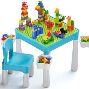 Burgkidz 5-in-1 Flip Top Activity Table and Chair Set with Storage, 128 PCs Building Blocks Compatible with Major Brands, Kids Play Desk for Toddlers Ages 2-8, Gift for Boys & Girls (Blue)