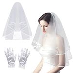 A White Veil 80cm + a Pair of Short White Satin Gloves, Wedding Theme Party Photo Banquet, Wedding Headdress Bridal Veil Tulle and Comb Short Veil Satin Edge