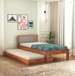 TREE MART Wooden Single Trundle Bed | Wooden Single Bed with 1 Extra Pullout Cot Palang with Upholstered Headboard for Bedroom, Kids Room | Solid Sheesham Wood, Honey Finish