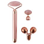 WANGDEFU Electric Jade Roller Face Massager,3-in-1,100% Natural Rose Quartz Facial Roller Kit,Skin Care Beauty Roller Tool for Anti-Aging,Anti-Wrinkle,Skin Tightening,Chin Toning Roller,Rose Gold