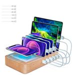 Fastest Charging Station for Multiple Devices, 5 USB Ports with 1 Qi Charging Pad, 6 Mixed Cable Included, for Apple/AirPods/iPad/Samsung/Android/Tablet, Dad Gifts for Festival