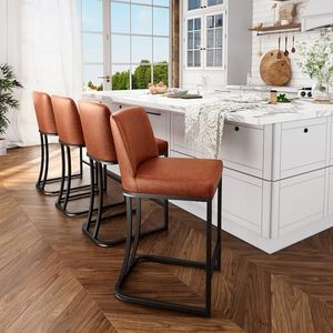 ALPHA HOME 24” Bar Stool Retro Design of Bar Stool Matte Leather Bar Chair Brown Metal Frame with Backrest Coffee Shop Kitchen Dining Room Cushion Bar Chair,Brown,4PC.